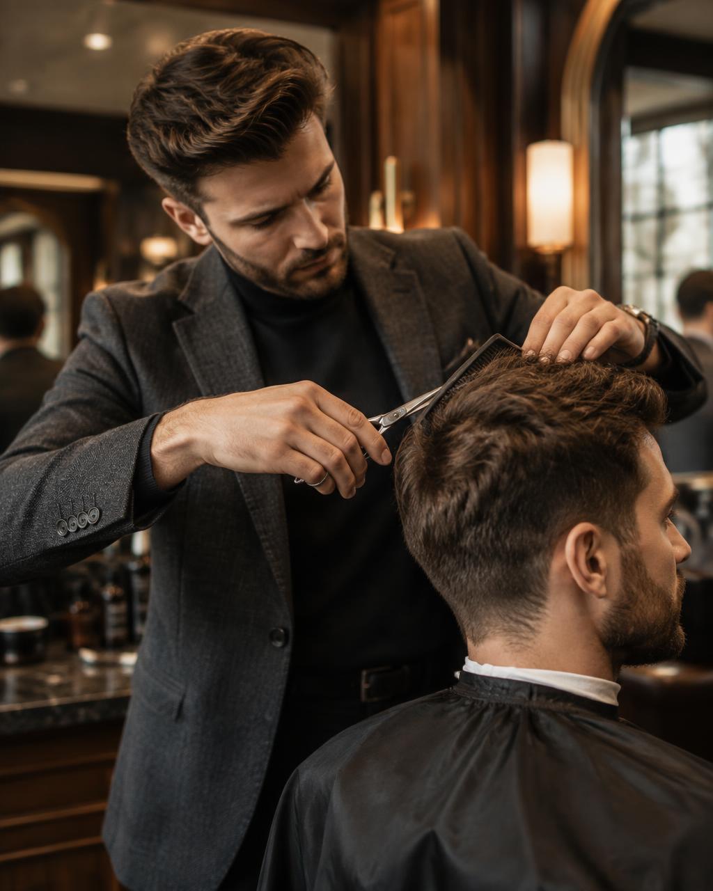 Barber carefully cutting a client's hair with scissors