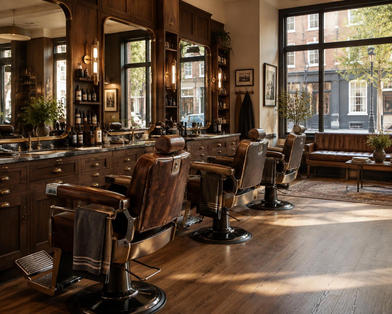 Leather chairs and warm timber inside a modern barbershop